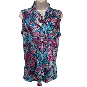 Nine West Floral Sleeveless Cowlneck Blouse blue pink flowers tie neckline